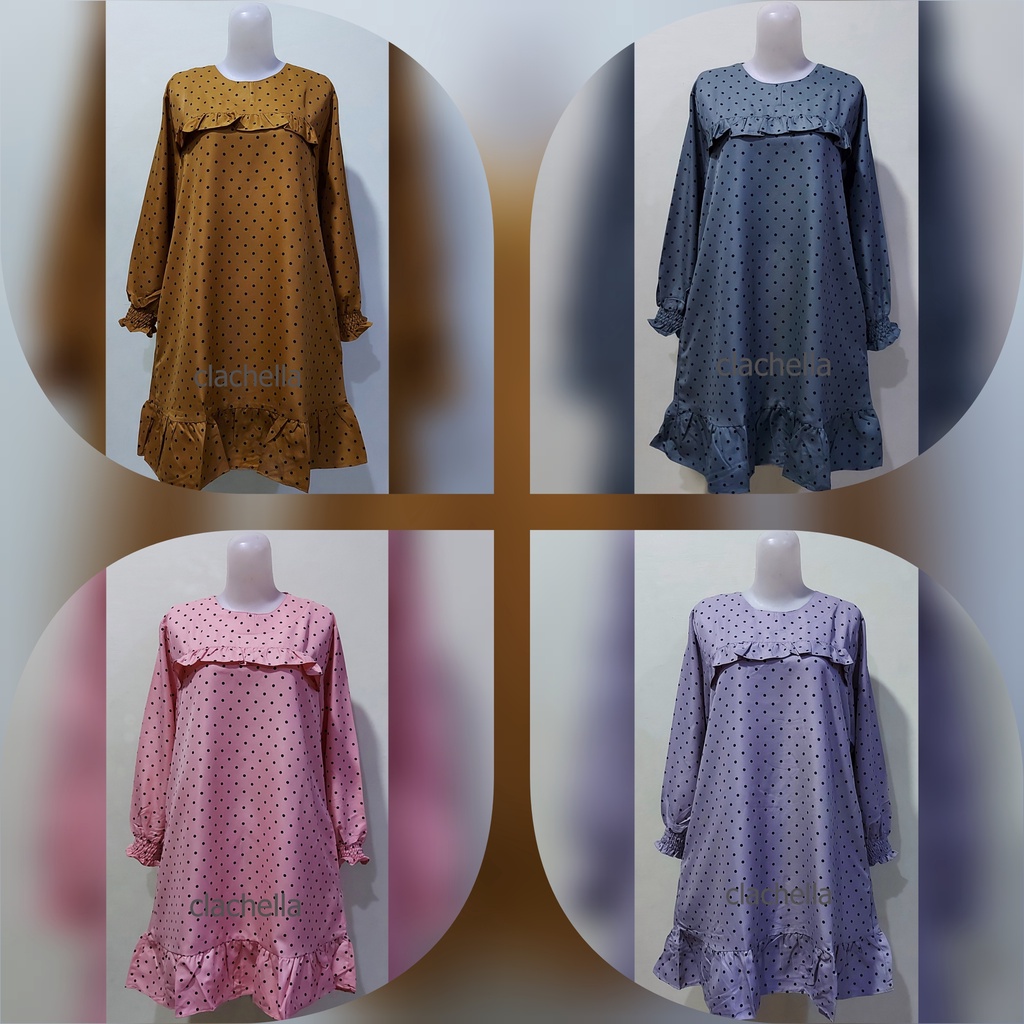 Clachella  Baju Tunik Motif Polkadot, Baju Atasan Wanita T71E8086