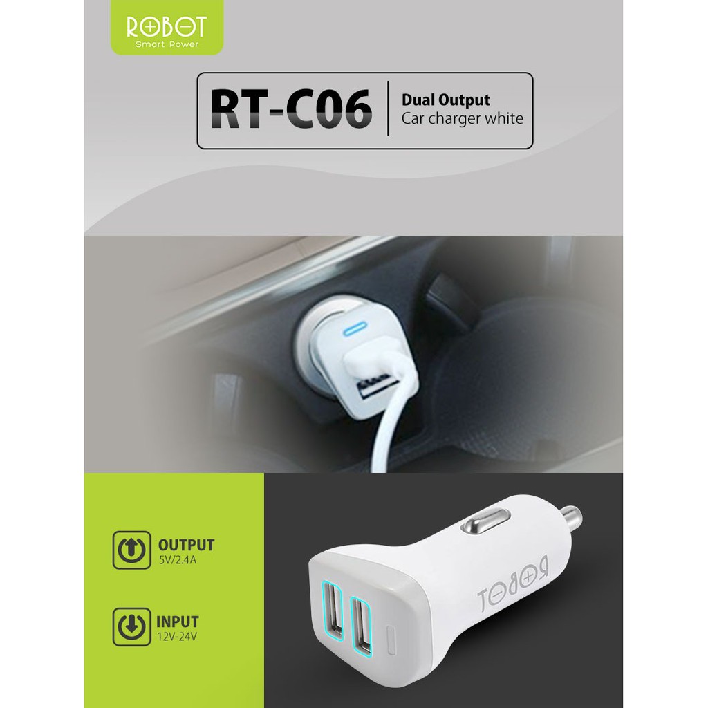 ROBOT RT C06 Dual Output Car Charger 2.4A Fast Charging with LED Indikator Charger Mobil RTC06 ORIGI