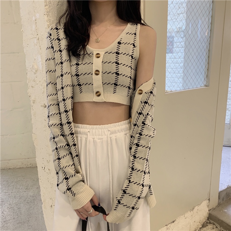 Cardigan Knit Rajut Lengan Panjang Wanita/Rompi Rajut Tank Top Kotak-kotak Retro Setelan