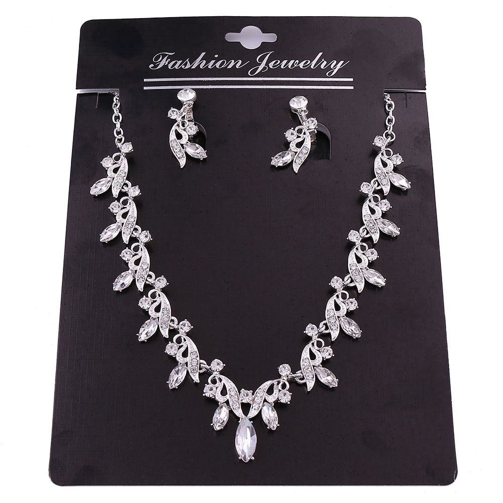 Set Perhiasan Wanita, Kalung Rantai Liontin + Anting Gantung Kristal Warna Silver untuk Pernikahan