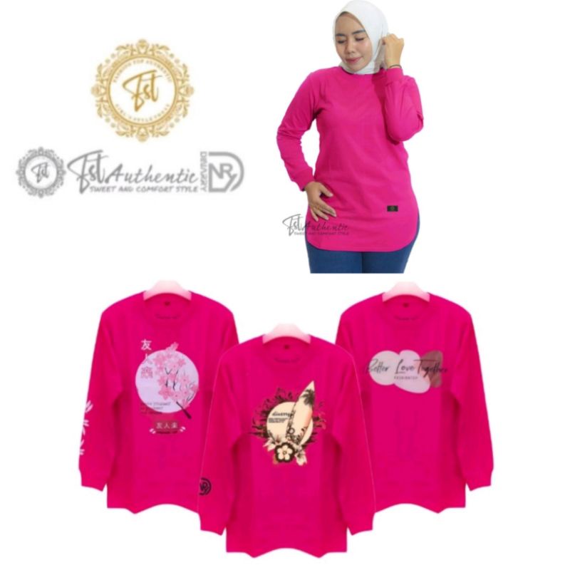 Baju Atasan Wanita Terbaru 100% ORIGINAL / Kaos Wanita Lengan Panjang Dinarry Warna Pink Fanta / Ata