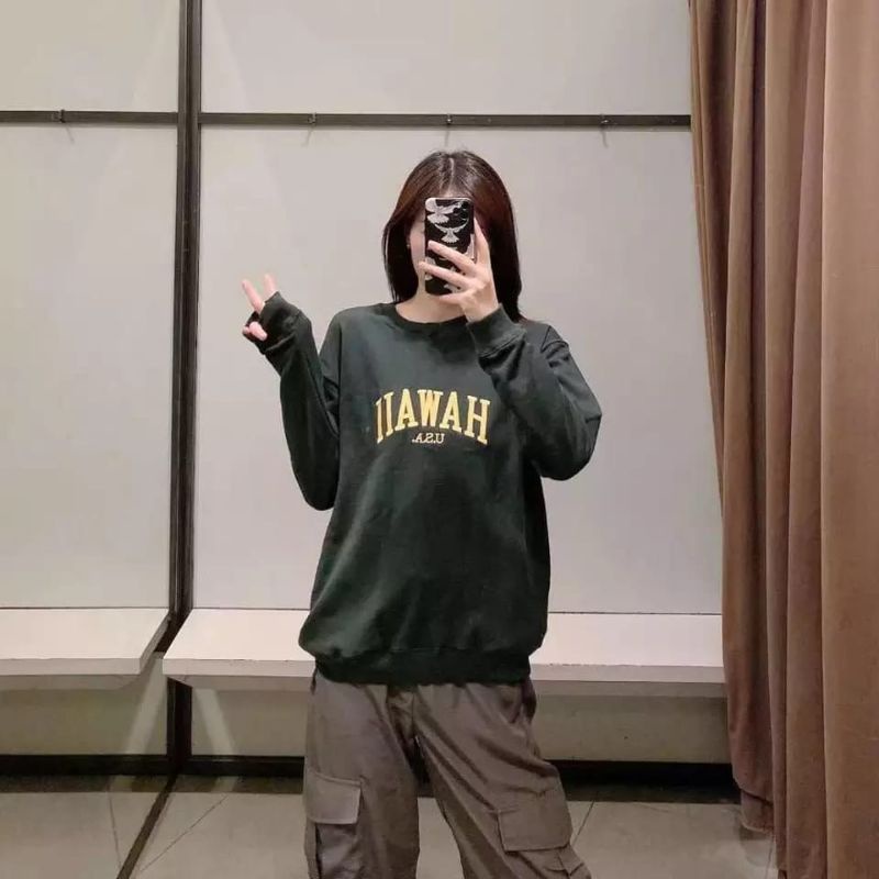 sweater Hawaii hijau daun green swag Harajuku// crewneck sweetshirt wanita pria perempuan laki cewe cowo unisex bahan fleece// sweater distro viral// Women Man Sweatshirts Loose Oversize Pullover