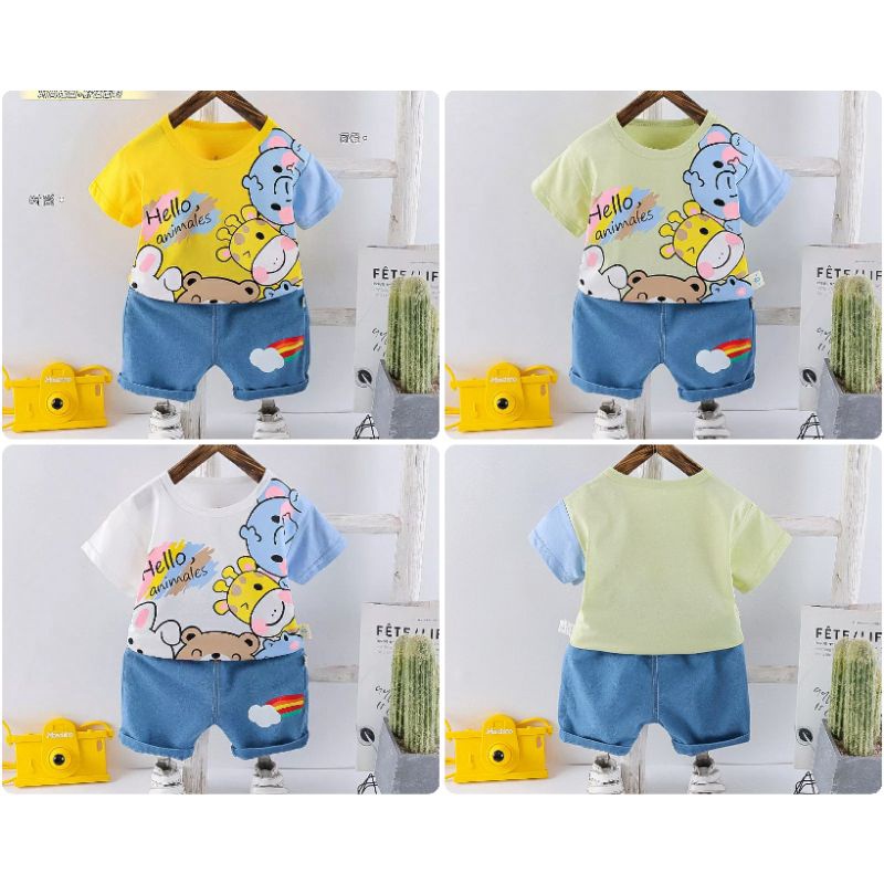 Hello Animales Set / Baju Setelan Anak - Anak / Baju Setelan Import