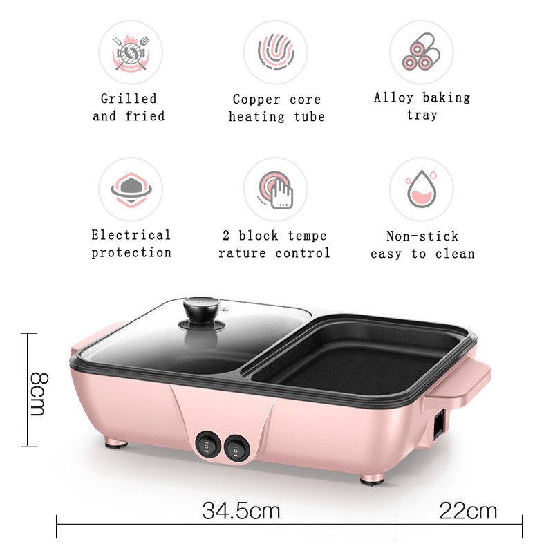 Multifungsi Elektrik Grill Fan Dan Hot Pot 2IN1 Mini Steambot BBQ Shabu-Shabu Multi-Function Set Non Stick Pot Panggangan Cook Fry Tahan Panas