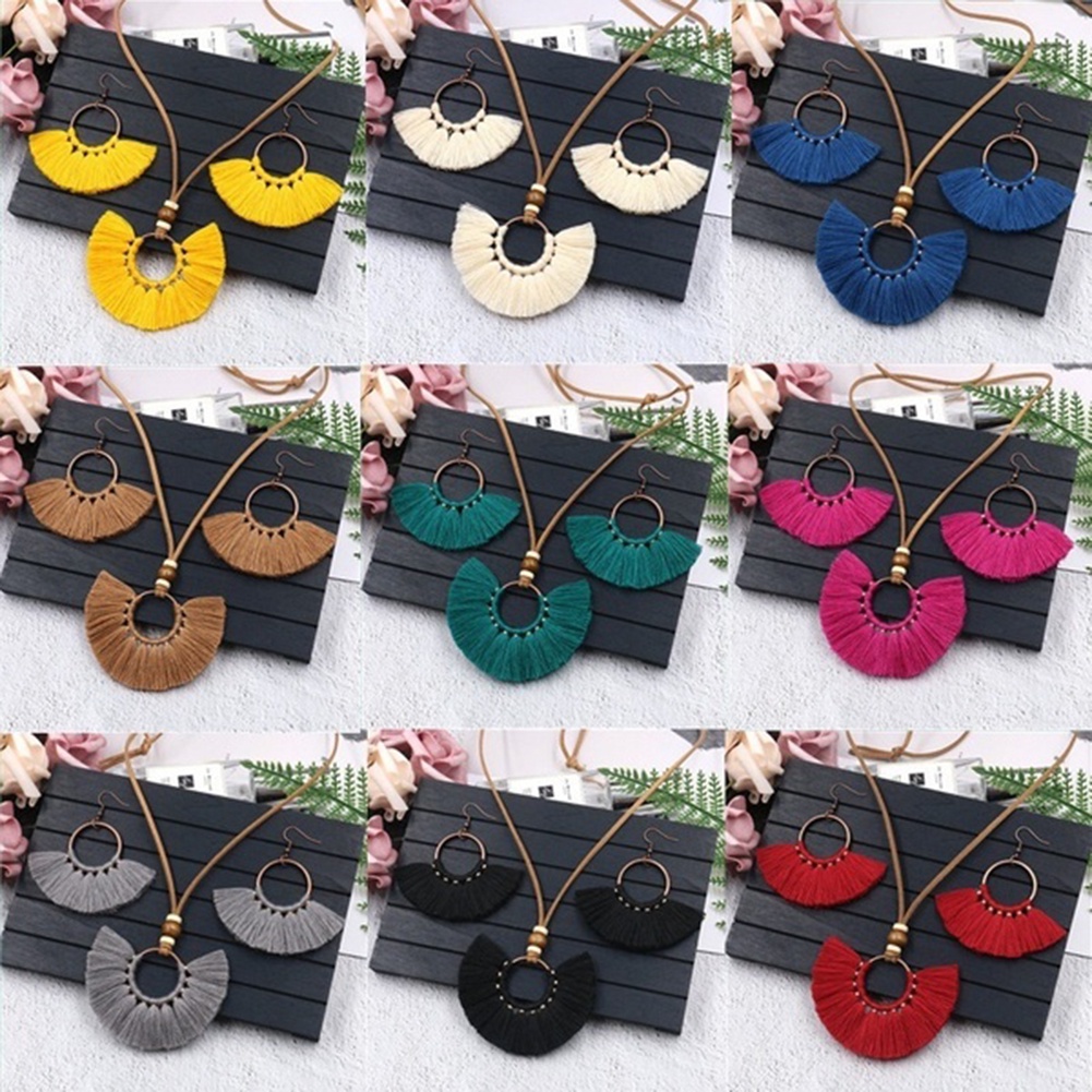 Hu Hu Hu Hu Hu Alat Bantu Pasang Kacamata♡ Set Anting Kait Gantungkalung Vintage Bentuk Kipas Hias Rumbai Untuk Wanita