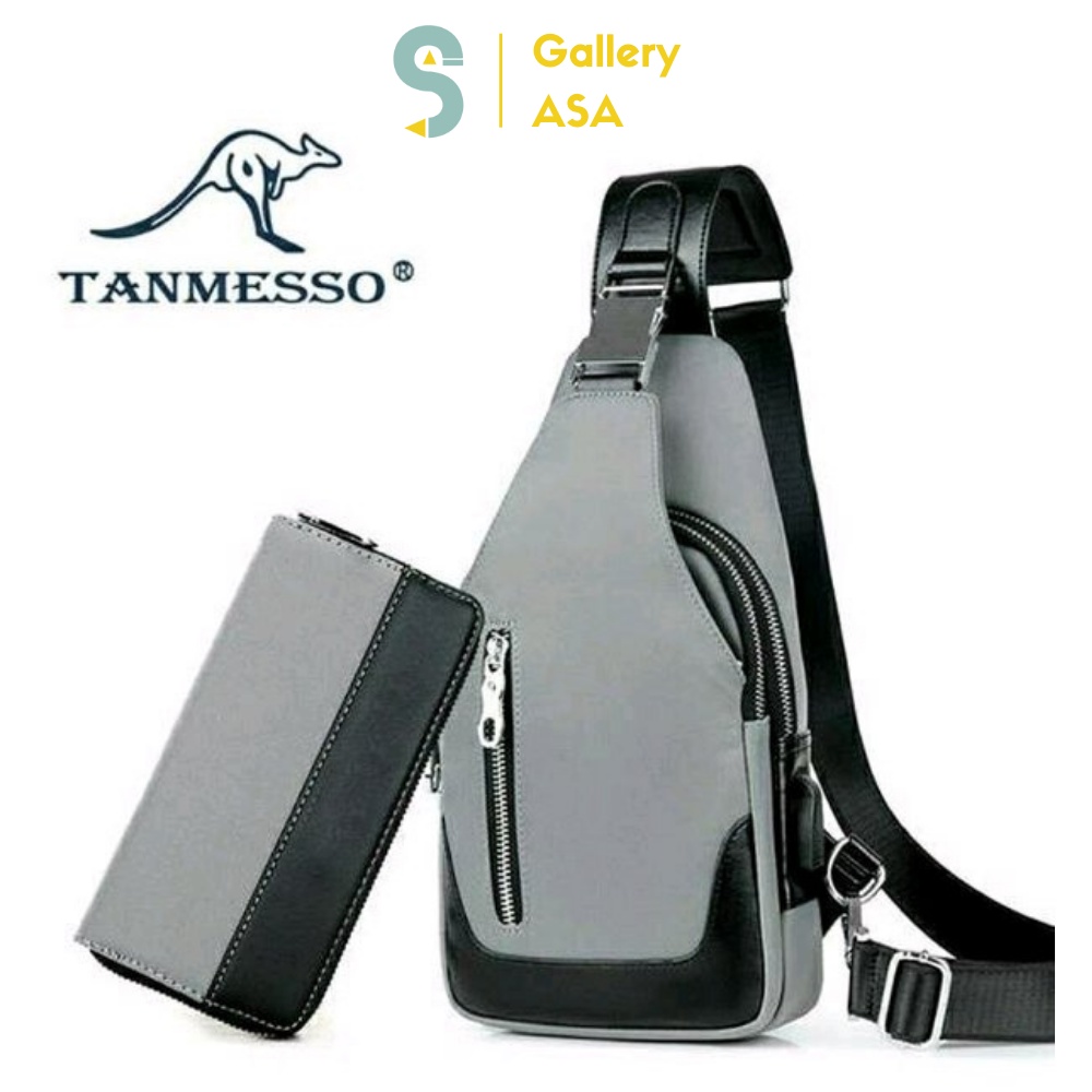 TANMESSO Tas Slempang Selempang Pria Gratis USB Port + Headset + Dompet Pria + Jam Tangan Keren Ori