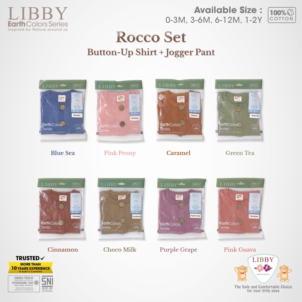 Libby Earth Series Rocco set Button Shirt Jogger Pants Setelan Oblong Pendek Kancing Depan Celana Jogger Baju Bayi Piyama Anak Unisex