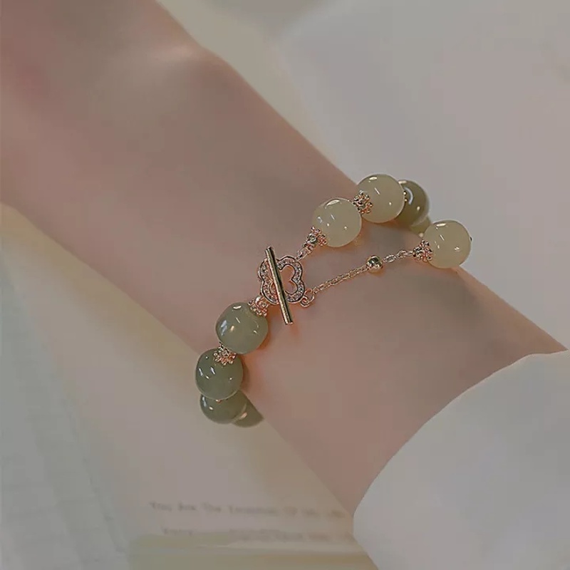 Gelang Tangan Manik-Manik Giok Hetian Aksen Daun Clover + Mutiara Imitasi Untuk Perhiasan Wanita