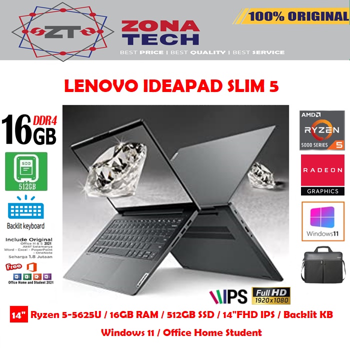 LENOVO IDEAPAD SLIM 5 - RYZEN 5-5625U - 16GB - 512GB SSD - RADEON GRAPHICS - BACKLIT KB - 14&quot;FHD IPS - W11 - OHS