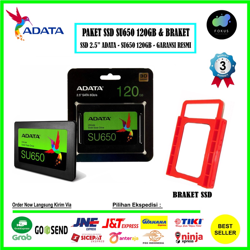 PAKET SSD DAN BRAKET ADATA SU650 120GB Ultimate 2.5 Sata III 3D NAND FLASH