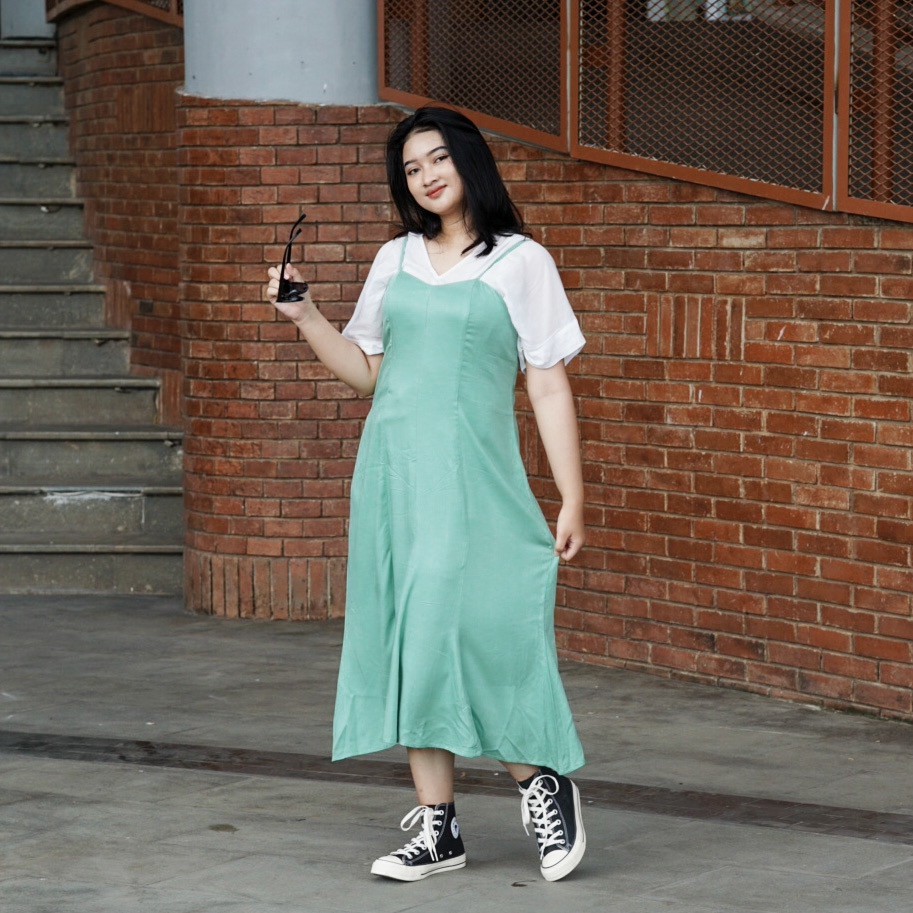 KOREAN DRESS DEKILAH GREEN KOREAN STYLE FASHION VINTAGE PURPLE CASUAL SIMPLE SUMMER MIDI LIMITED EDI