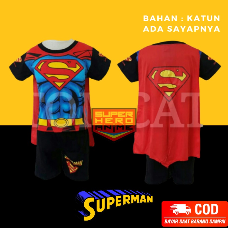 Setelan Superman Anak Laki-Laki Superhero Sayap Hitam Otot Baju Lengan Pendek