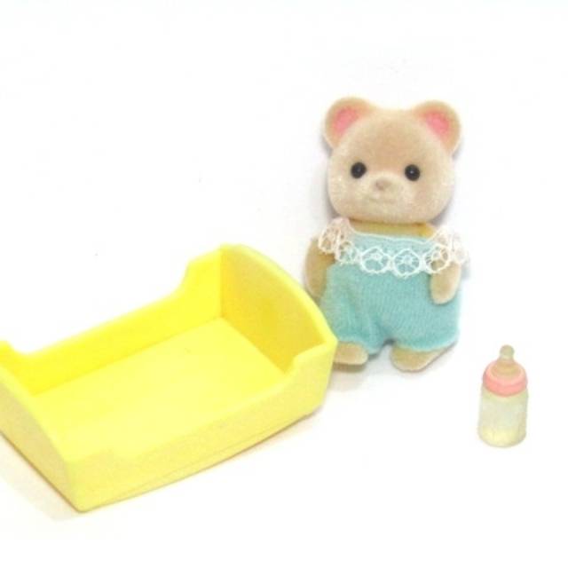 Sylvanian Family baby Bear figure with bed & milk bottle preloved