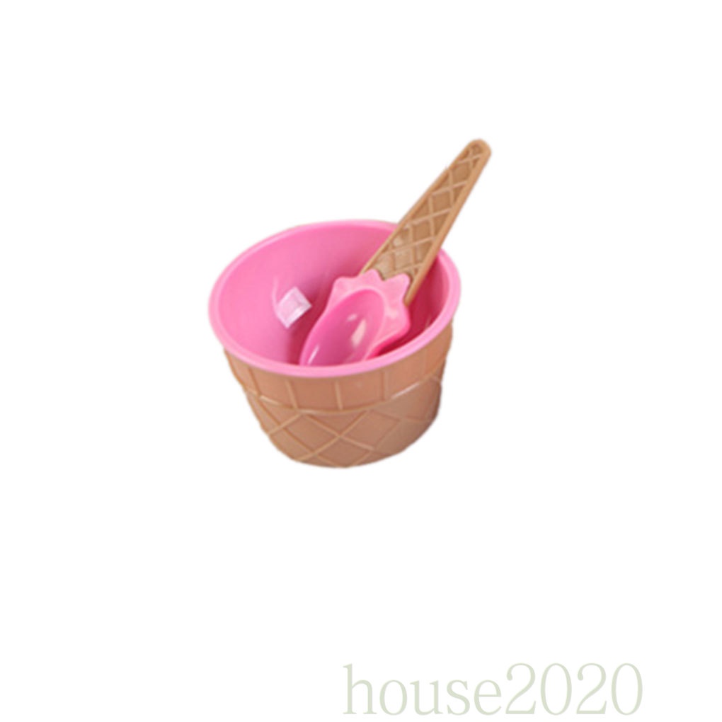 [house2020]Plastic Ice Cream Frozen Yogurt Cup with Spoon Dessert Bowl Ice Cream Bowl Spoon Set Random Color