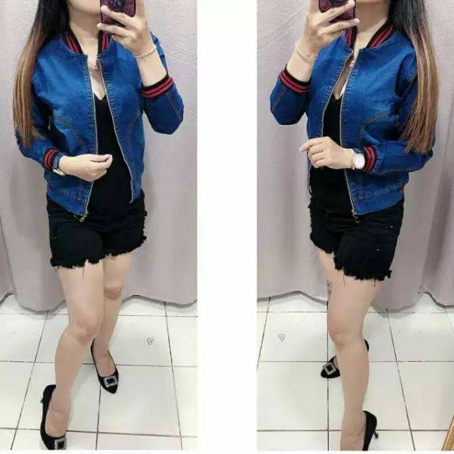 JAKET JEANS WANITA TERBARU/Model bomber karet leher Dan lengan