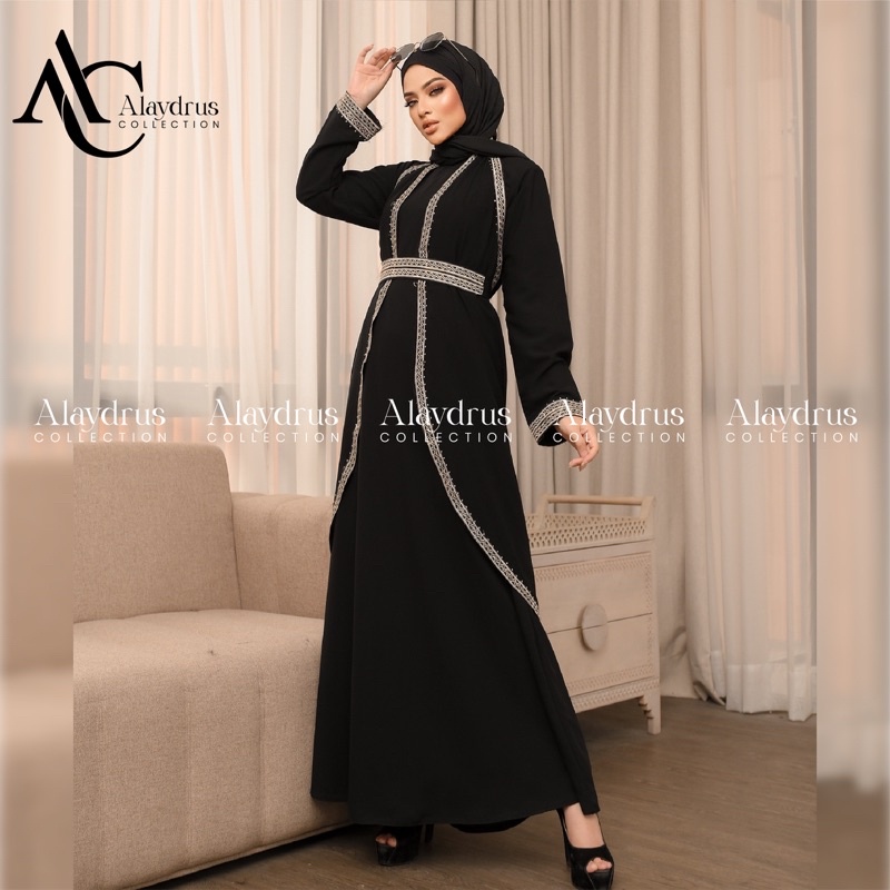 Abaya Hitam Turkey Gamis Dress Arab Saudi 5in1 Bahan Jetblack Kombinasi Renda Abaya Umroh Dubai Mesir 882