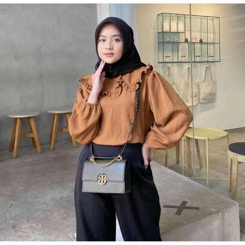 Blouse Dwisa Rayon Crincle Atasan Wanita Kerah Collar Kemeja Basic Polos