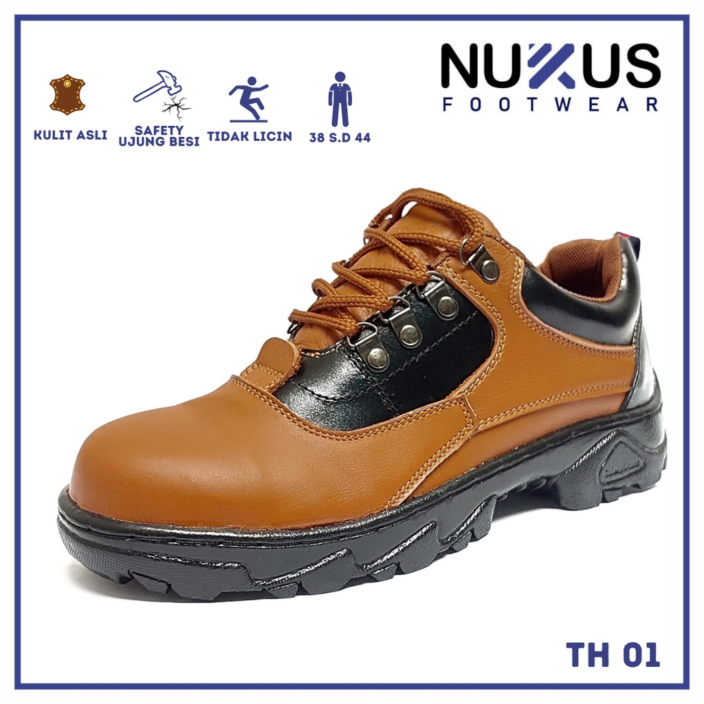 Safety shoes Pria Tali Pendek Kulit Sapi Asli Coklat Tan Hitam -  TH 01