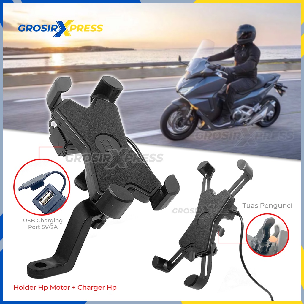 Phone stand holder + USB charger aki tatakan penahan penyangga hp di spion motor stand hanphone anti slip