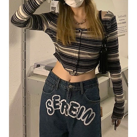 kaos wanita korean style black and white striped short cardigan lace up T-shirt lengan panjang two-p