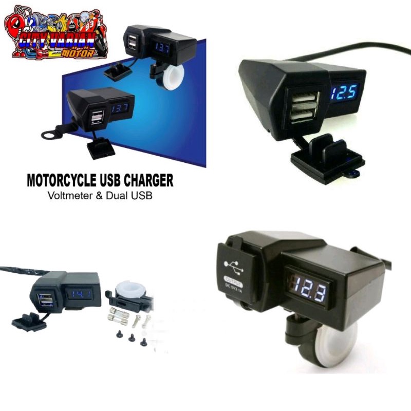 Motorcycle Digital Voltmeter Charger Motor Cas HP Motor 2 USB 3.1A Casan HP Voltmeter Aki plus USB ANTSHOOP