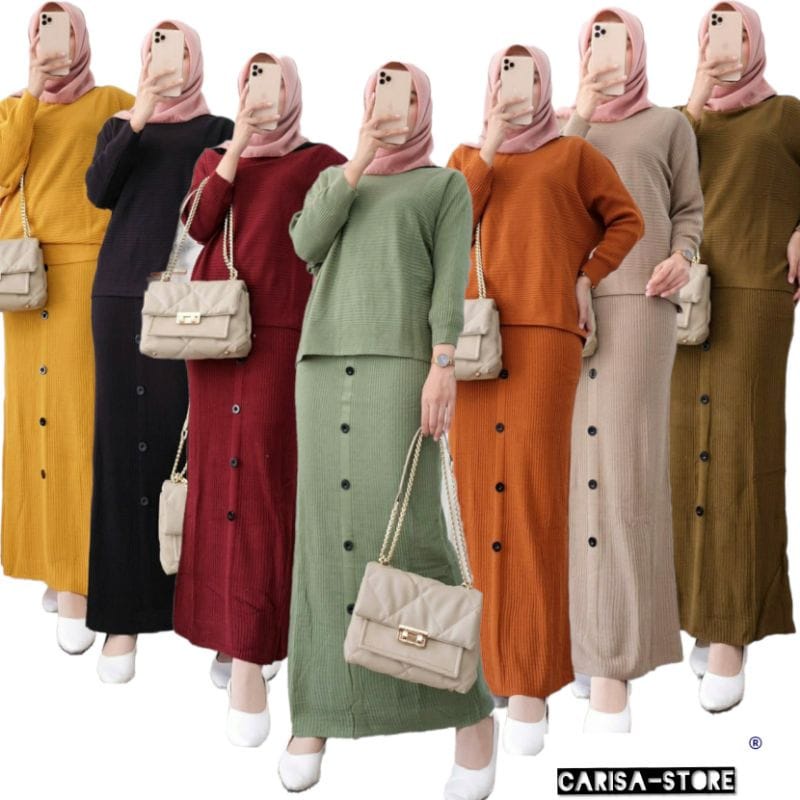 SETELAN ROK KNITT TERBARU | SET ROK KANCING | AWKARIN RAJUT | stelan Batwing Rajut - 1 set pakaian r