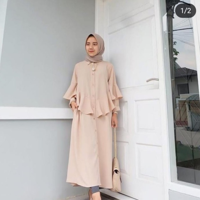 Fashion Wanita: Long Dress Muslim Lengan Panjang dengan Kancing, Warna Polos