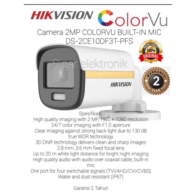 HIKVISION CAMERA OUTDOOR COLORVU BIILT-IN MIC 2mp DS-2CE10DF3T-PFS