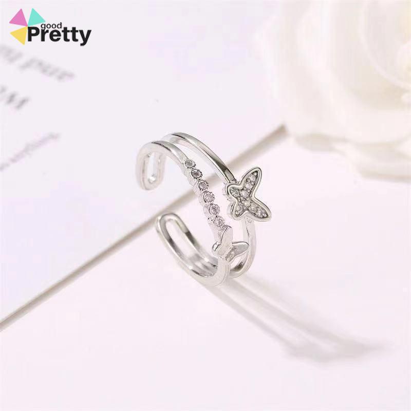 Double Butterfly Diamond Ring Pembukaan Cincin Dapat Disesuaikan Wanita Fashion Perhiasan Aksesoris Hadiah Natal - PD