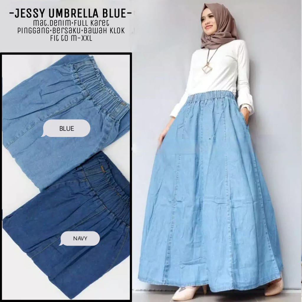 Orimoza Xandra Rok Jeans Panjang Kancing Depan Button Denim Skirt Snow-JESSY UMBRE BLUE