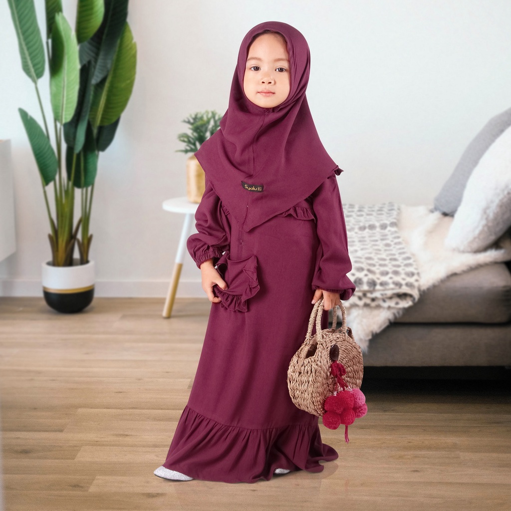 Set Gamis Humaira Anak Usia 1 Sampai 2 Tahun Bahan Rayon Twill Premium Polos Terbaru Maroon