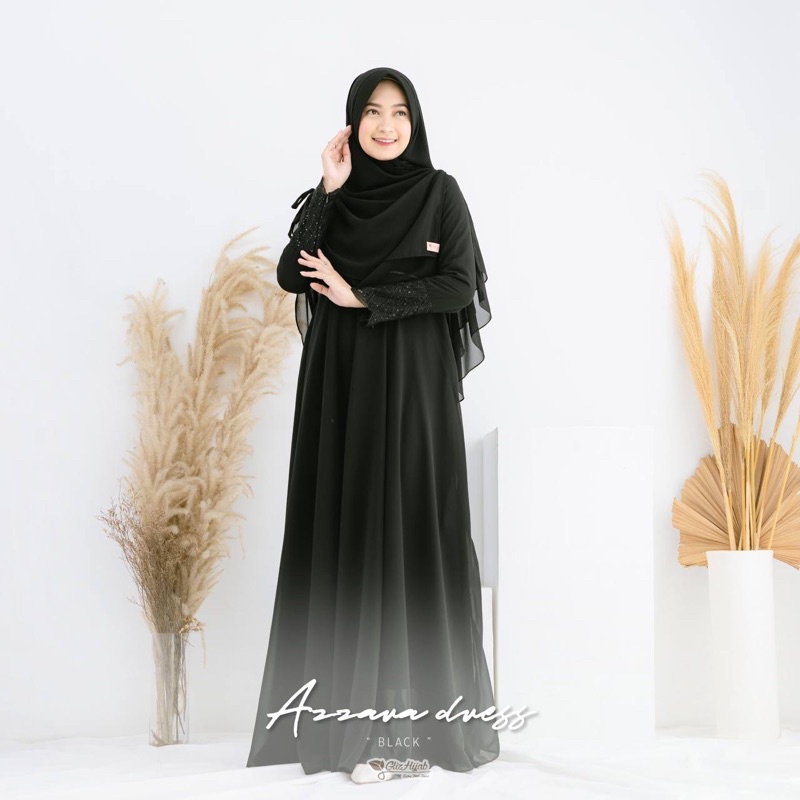 GlizHijab | Azzarah Dress - Dress Only Premium Bahan Cerutti Babydoll Gaun Muslimah Dress Umroh Syari Size XS - JUMBO-Hitam