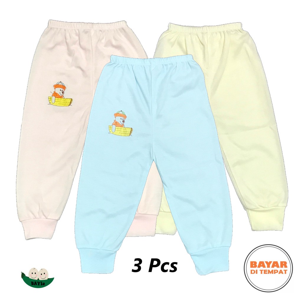 BAYIe - 3 Pcs Celana Panjang Bayi/Anak  Buka Warna LILY Kualitas PREMIUM Bahan TC tebal 0-12 bulan