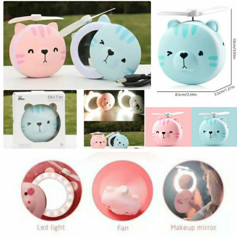 Kipas angin cermin mini fan portable LED karakter Bear