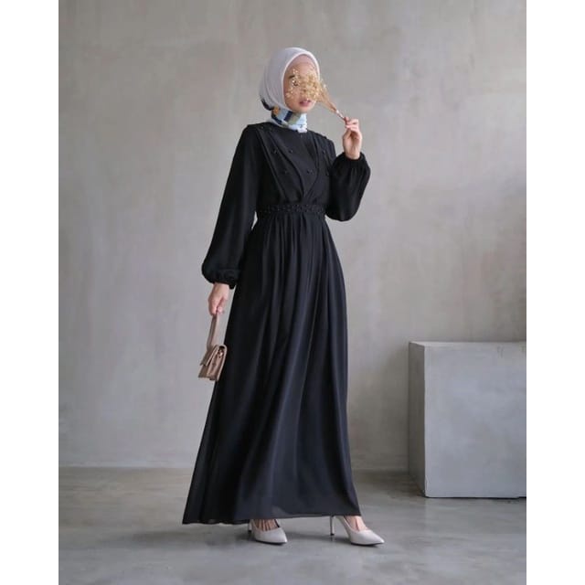 Gamis Pesta Mewah Elegan Baju Lebaran Mutiara Dress Kondangan M L XL Outfit Wanita Kekinian Gamis Malaysia Gamis Lengan Balon