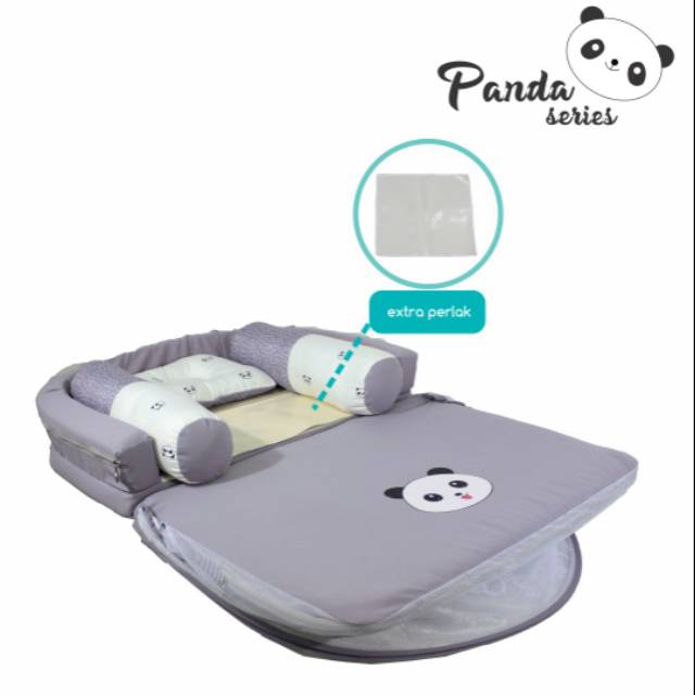 [2 kg] Omiland Kasur Bayi Lipat Oval Bumper Print Abu + Kelambu Panda Series - OBK 5311