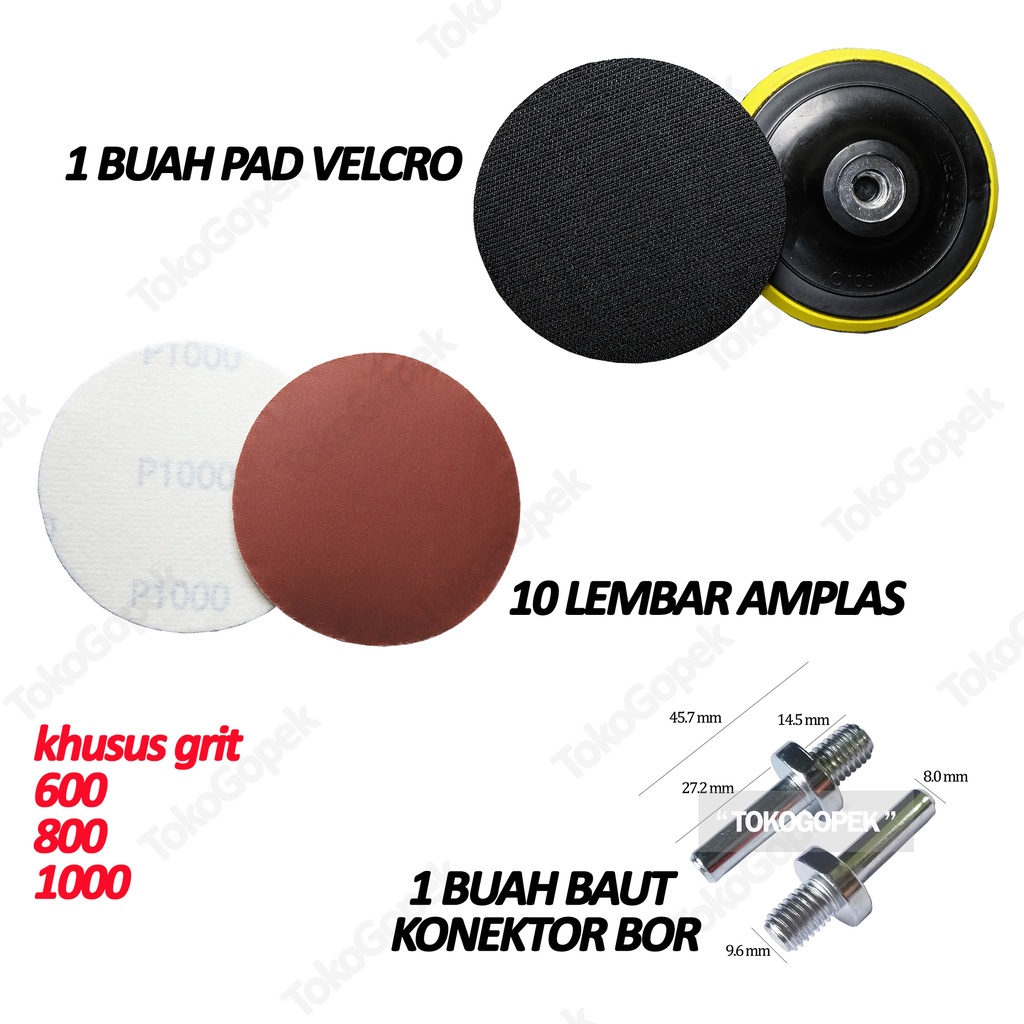 PAKET 12PCS - TATAKAN AMPLAS 4&quot; + AMPLAS VELCRO 4&quot; + BAUT ADAPTER BOR