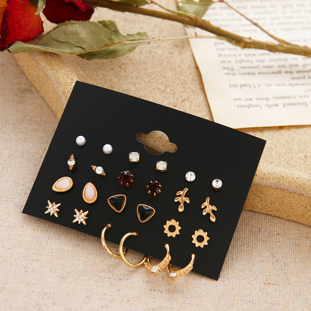 12 Pasang / Set Anting Tusuk Gantung Wanita Bahan Metal Desain Bunga + Mutiara + Kristal Gaya Bohemian Untuk Hadiah