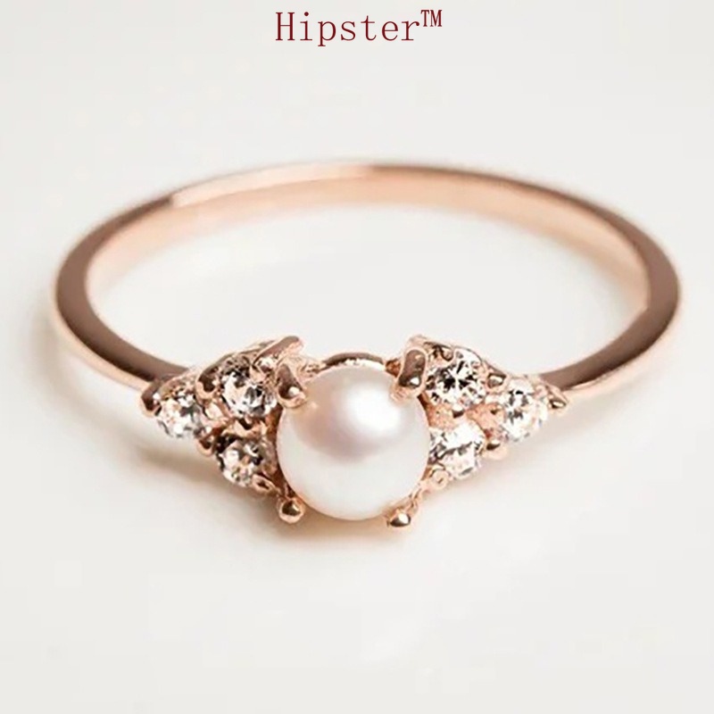 European and American New Elegant Simple Temperament Rose Gold Inlaid Diamond Pearl Ring