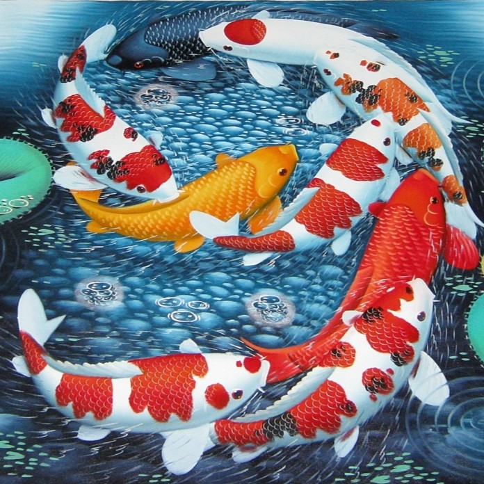 Lukisan ikan Koi 9 Membentuk Angka 9 - Landscape - ukuran 85 x 135 cm