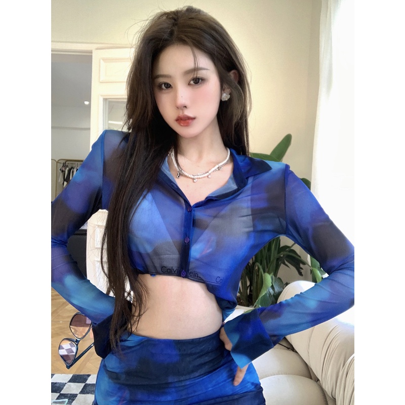 Tie-dye fashion tabir surya lengan panjang kemeja top perempuan hot girl suit sexy murni keinginan a