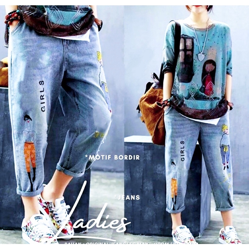 GIRLS LADIES PANTS JEANS BORDIR ORI // CELANA BOYFRIEND BORDIR PNGGANG FULL KARET BAGGY PANTS
