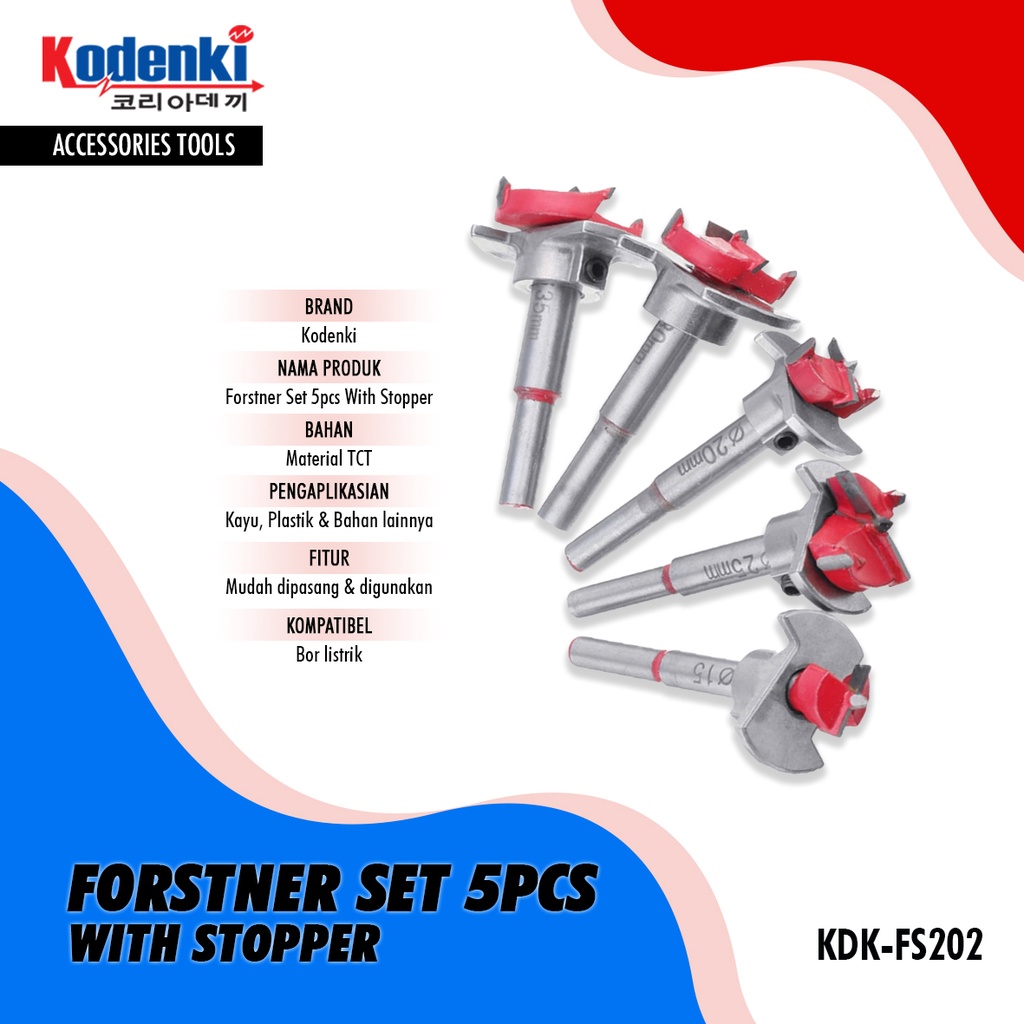 KODENKI FS202 STOPPER Mata Bor Engsel Sendok Set 5 Pc Forstner Bit TCT Holesaw Kayu Hole Saw