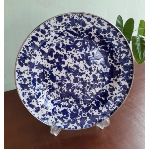 PIRING ENAMEL SENG KALENG BLURIK BLIRIK BURIK LURIK LOREK LORENG BATIK JADUL ANTIK KUNO BIRU 26 CM