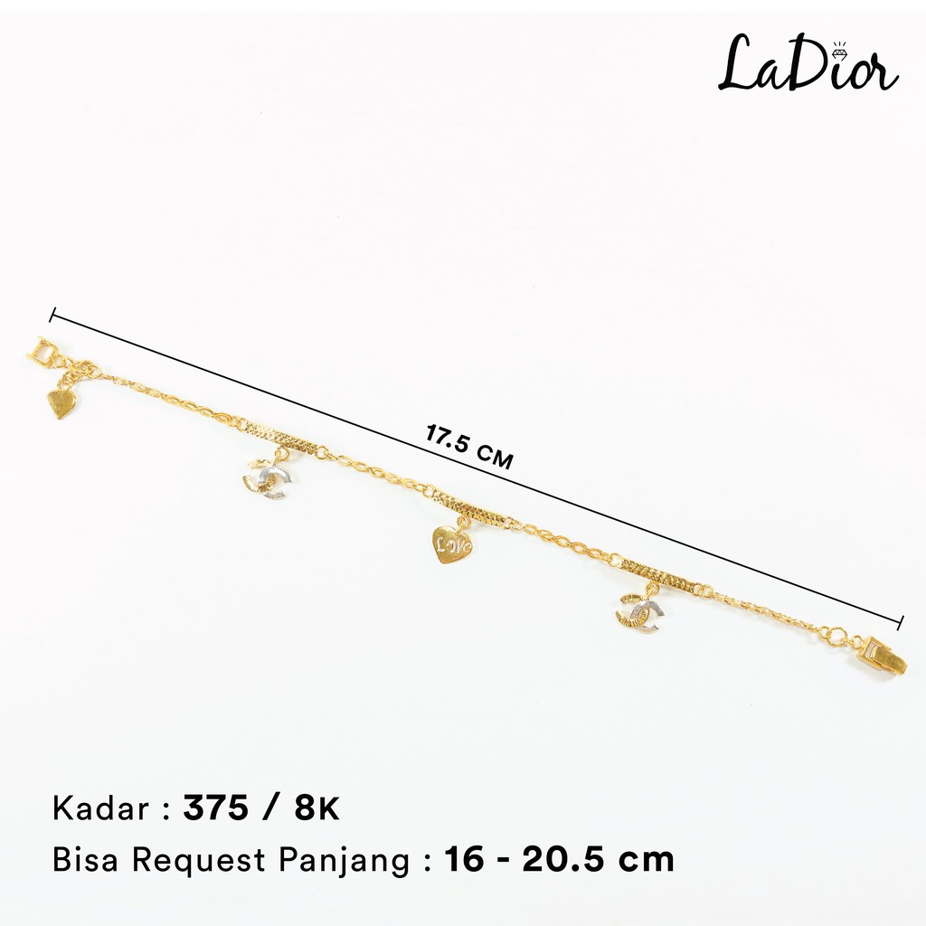LADIOR - Gelang Rantai Emas Asli  Kadar 375 Model Chanel Love Dengan Motif Panjang – 007 - 8K - Yell