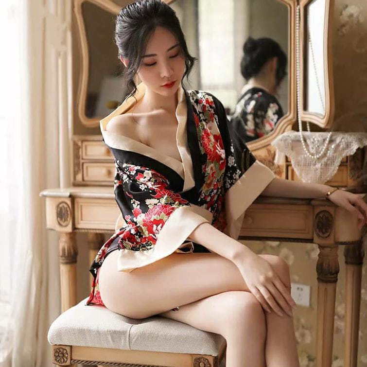 Nicebra Kimono Jepang Cosplay Lingerie Bahan Satin Motif Bunga 3080
