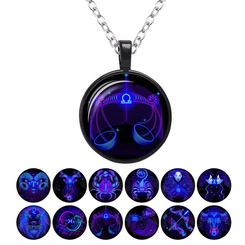 Kalung Rantai Liontin 12 Zodiak Libra Aries Leo Glass Untuk Pria Dan Wanita