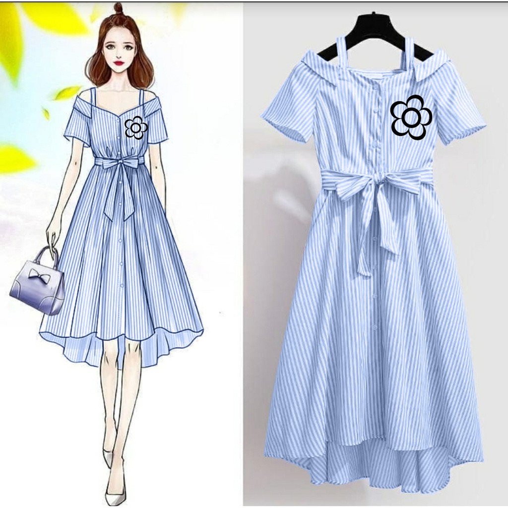 *[MCFK] Dress Stripe Flower Sabri Korea / Dress Wanita Korea / Dress / Casual Dress Wanita