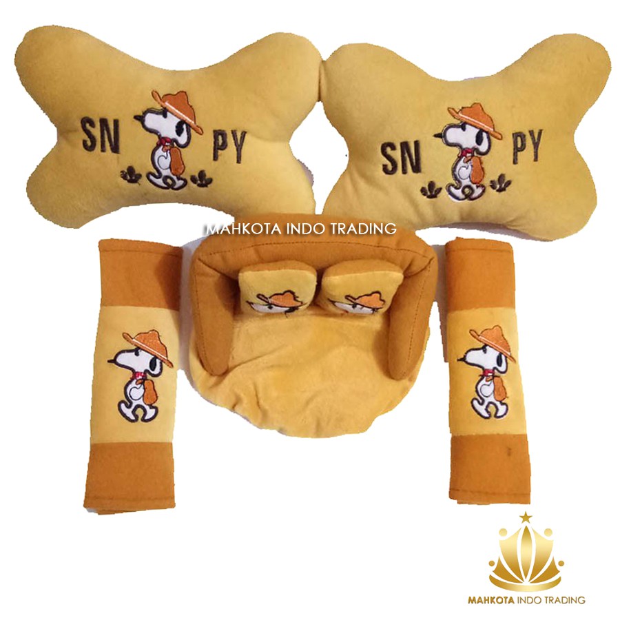 Bantal Jok Mobil Snoopy 3in1 / Bantal Leher Mobil Snoopy / Tempat Tisue Snoopy Warna Cokelat