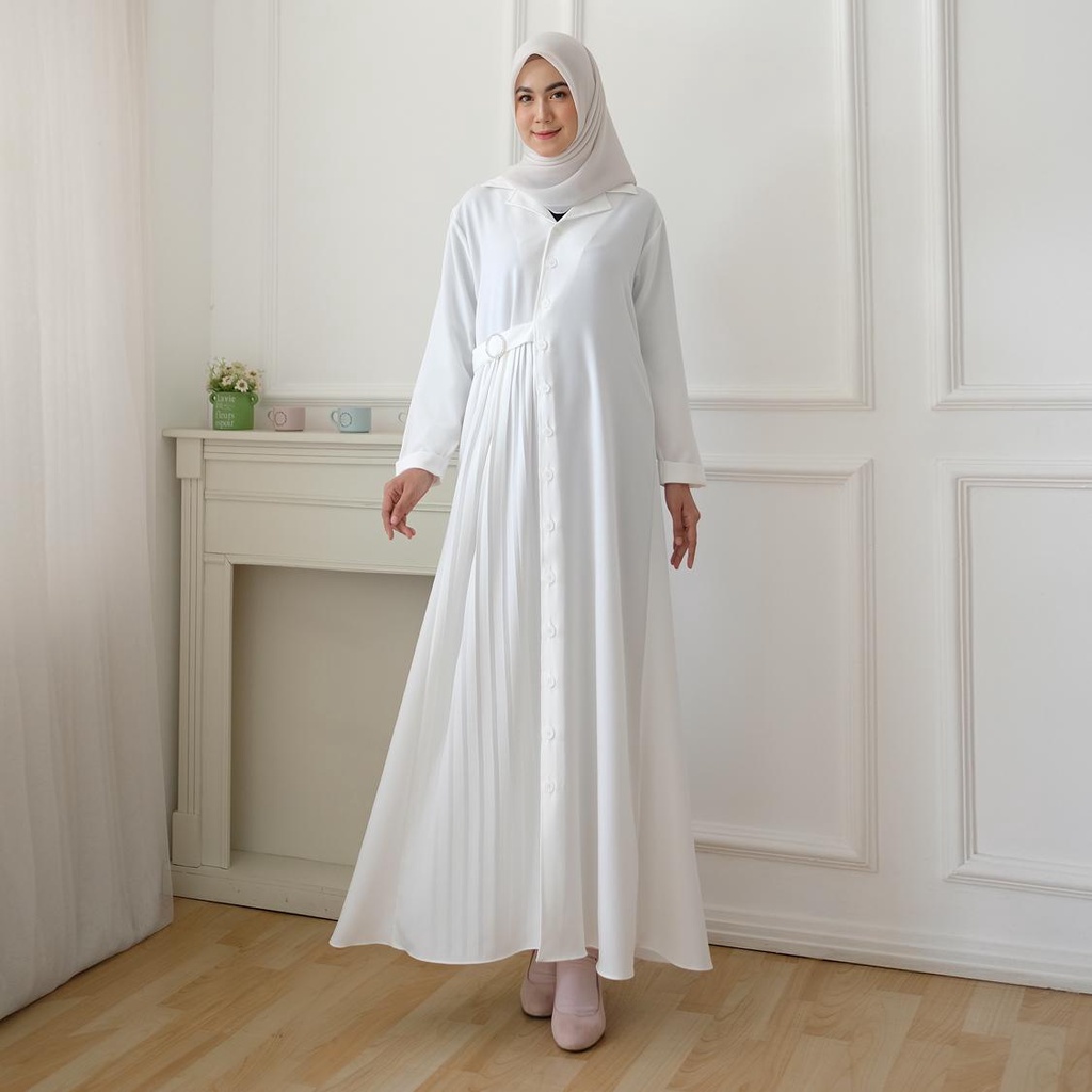 Modesee Gamis Putih Hitam Polos Basic Busui Full Kancing Depan Wanita Muslimah, Gamis Putih Hitam Po